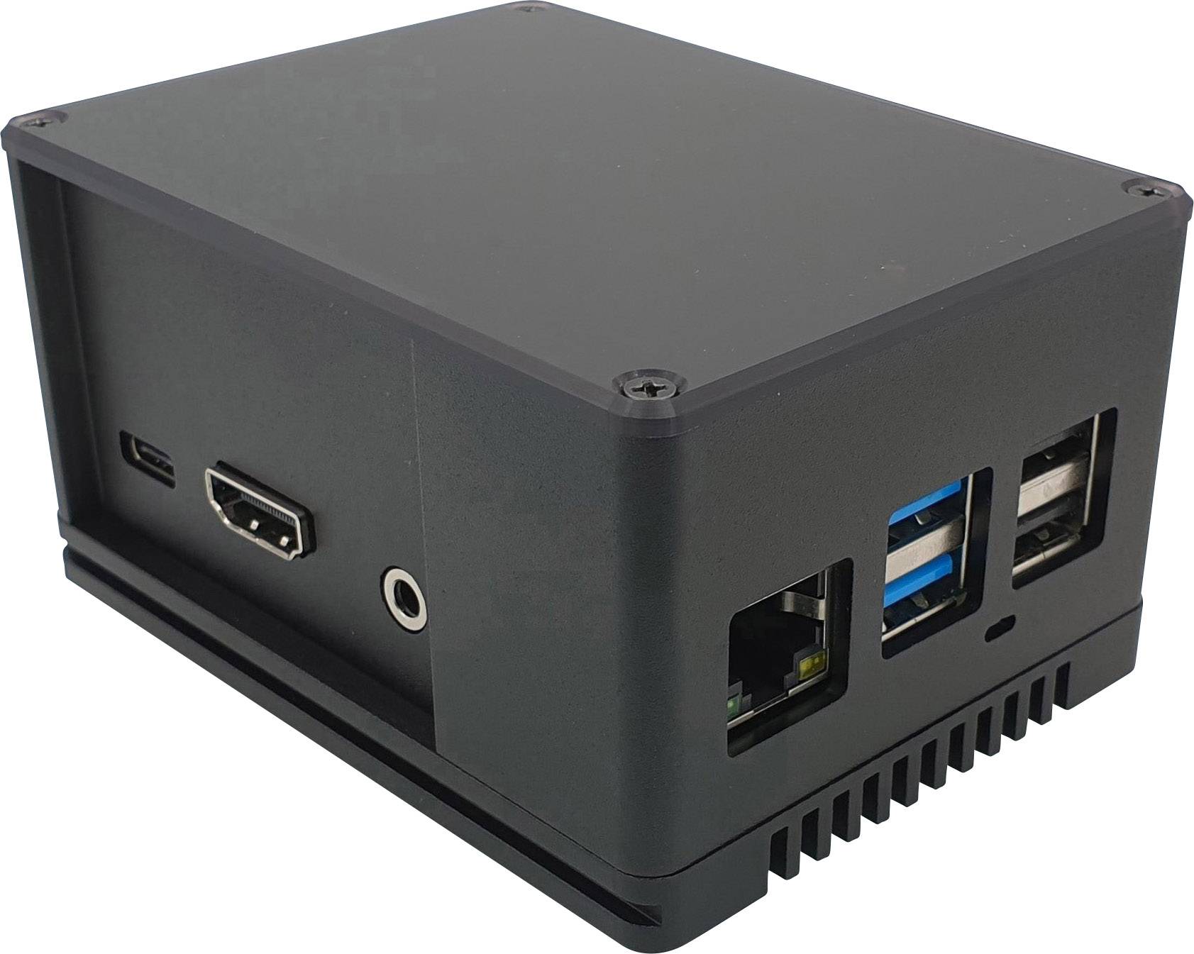 Je zobrazená čierna skrinka pre mini počítač s USB, HDMI a sieťovými portami.