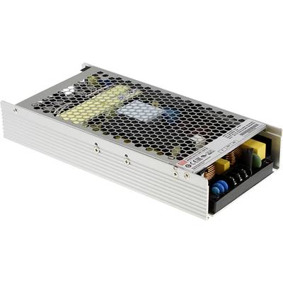 Obdĺžnikový spínaný napájací zdroj s vetracou mriežkou a viditeľnými elektronickými komponentmi. Slúži na napájanie elektrických zariadení.