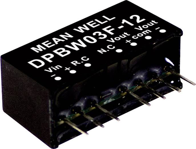 Elektronická súčiastka s nápisom 'MEAN WELL DPBW03F-12'. Má niekoľko kovových pripájacích kolíkov pre elektronické prepojenie.