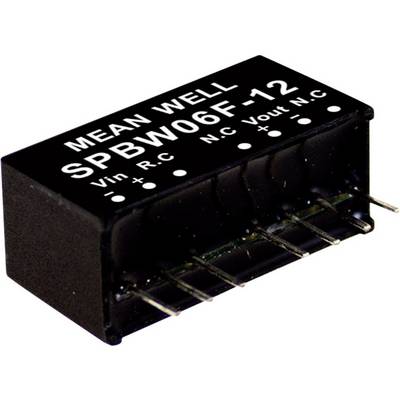 Pohľad na čierne elektronické súčiastky s označením MEAN WELL SPBW06F-12. Obsahuje niekoľko kovových pinov na spodnej strane.