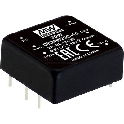 'Čierny DC-DC menič, model DKM20G-15, 20W výkon, vstupné napätie DC 18-75V, výstup DC 15V, 680mA, CE certifikovaný.'