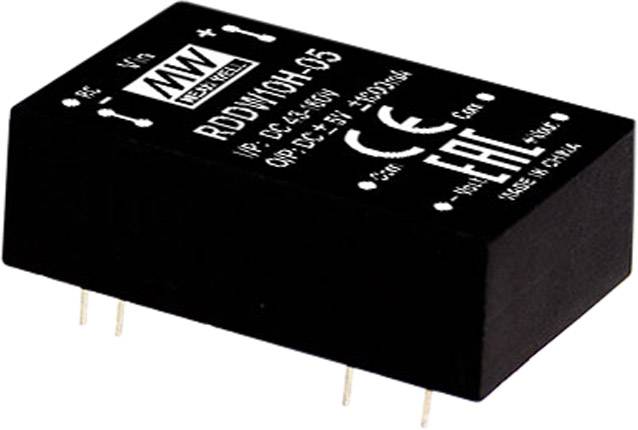 Napájací modul 'MW Mean Well RDD10H-05', vstupné napätie: DC 4,5–60 V, výstup: 5 V, 450 mA, s CE a EAC označeniami.