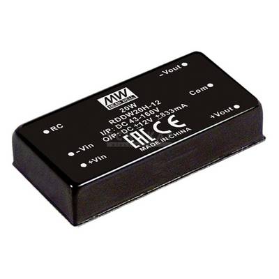 DC/DC menič 20W od Mean Well, Model RDD20H-12, vstupné napätie 9-18V, výstup 12V 333mA, štvorcová čierna krabička.