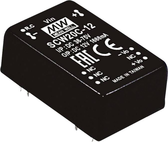 Menič napätia 'SCW20C-12' od MEAN WELL. Vstup: DC 9-36V, výstup: DC 12V, 1666mA. Obdĺžnikový kryt v čiernej farbe.