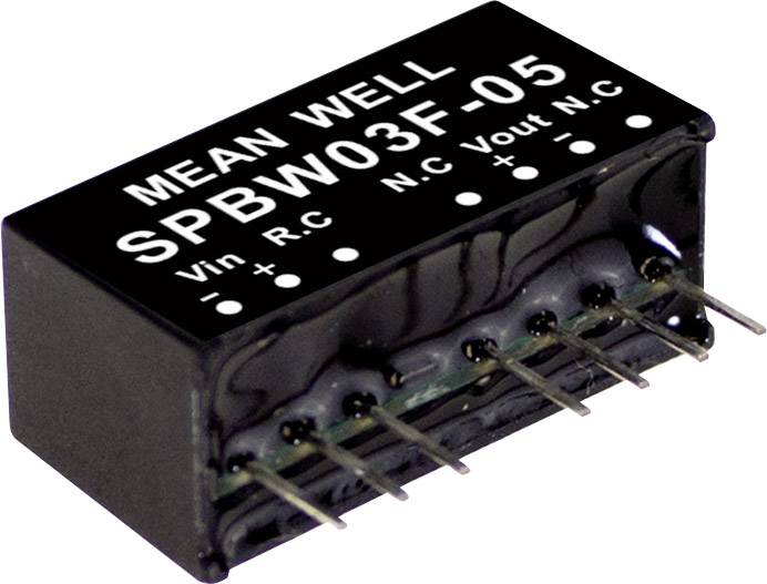 Čierny elektronický komponent s nápisom 'MEAN WELL SPBW03F-05'. Viditeľných je niekoľko pripájacích kolíkov.