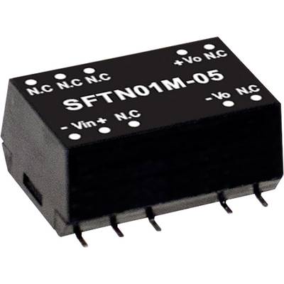 Elektronická súčiastka označená ako 'SFTN01M-05', s ôsmimi pripájacími kolíkmi dole. Štítky: '+Vo', '-Vo', '+Vin', '-Vin', 'N.C.'.
