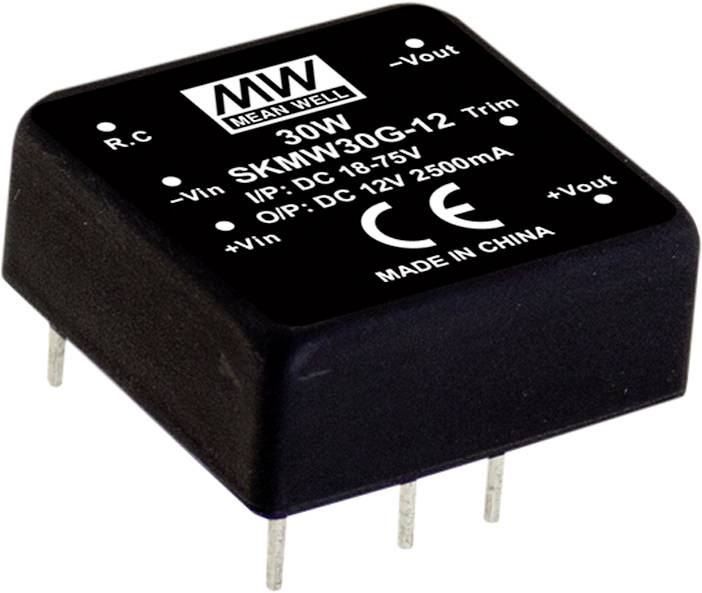 DC-DC menič, 30W, model SKMW30G-12, vstup 18-75V, výstup 12V 2500mA, vyrobené v Číne, od Mean Well.