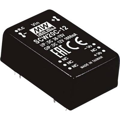 Menič DC-DC Mean Well SCW20C-12, vstup 36-75V, výstup 12V, výkon 18,6W, obdĺžnikový tvar, popis na hornej strane.
