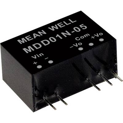 Menič napätia Mean Well, model MDD01N-05, s konektormi pre vstupné a výstupné napätie, v čiernom kryte.