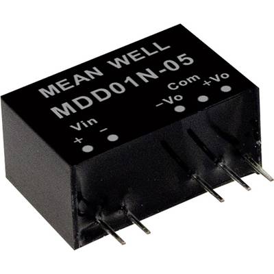 Schwarzer Mean Well MDD01N-05 menič so štyrmi pripájacími kolíkmi dole. Nápis ukazuje Vin+, Vin-, Com, -Vo, +Vo.