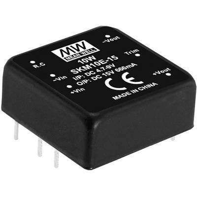 Čierny elektrický modul s potlačou: 10W SKM10E-15, vstup: DC 4.7-9V, výstup: DC 15V, 666mA, vyrobené v Číne.