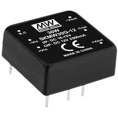 Čierny elektronický menič prúdu s nápisom 'MEAN WELL 30W SKMW30G-12'. Prípojky a technické špecifikácie sú viditeľné.