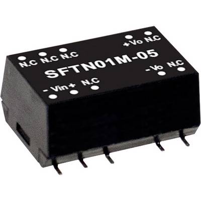 Elektronická súčiastka s nápisom SFTN01M-05, zobrazuje schému zapojenia svoriek: -Vin, +Vin, -Vo, +Vo, N.C.
