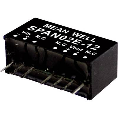 Elektronická súčiastka s nápisom 'Mean Well SPAN02E-12', viditeľné piny dole. Ide o menič napätia.
