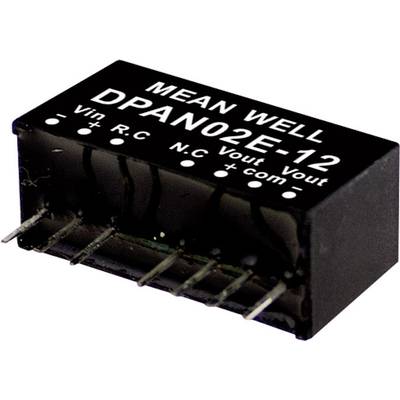 Čierna elektronická súčiastka s nápisom 'MEAN WELL DPAN02E-12', zobrazujúca kontakty a technické špecifikácie.