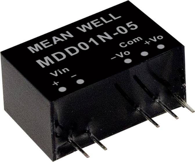 Čierny kryt meniča napätia Mean Well MDD01N-05, zobrazujúci označenia vstupov/výstupov: 'Vin', 'Com', '-Vo', '+Vo'.