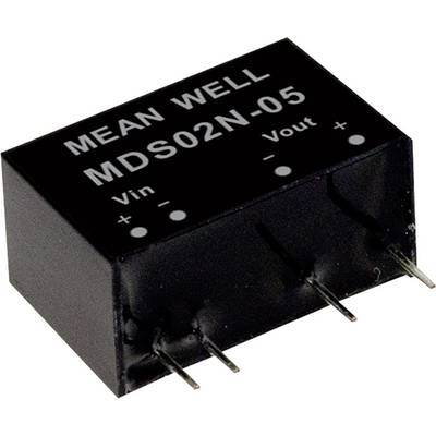Čierna elektronická súčiastka s nápisom 'MEAN WELL MDS02N-05', zobrazujúca pripojenia pre Vin, Vout a symboly súvisiace s polaritou.