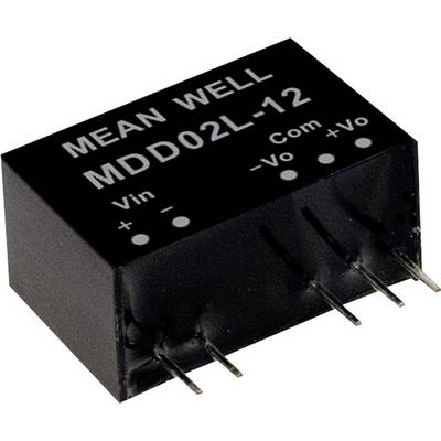 Čierny elektronický komponent s nápisom 'MEAN WELL MDD02L-12'. Používa sa na konverziu napätia, má viacero pinov.