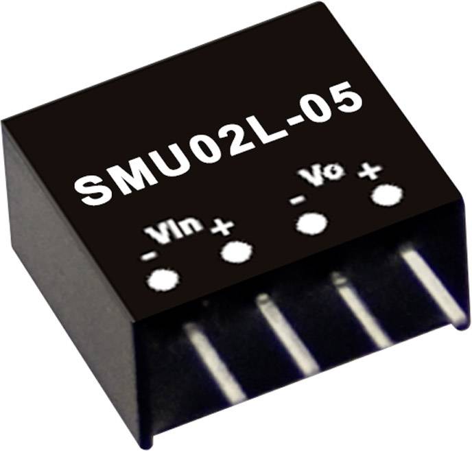 Čierno-biely elektronický komponent s nápisom 'SMU02L-05' a pripojovacie svorky pre Vin+, Vin-, V0+, a V0-.