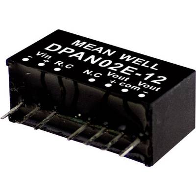 Kompaktný menič napätia od 'MEAN WELL', model 'DPAN02E-12', so vstupnými a výstupnými konektormi na spodnej strane.