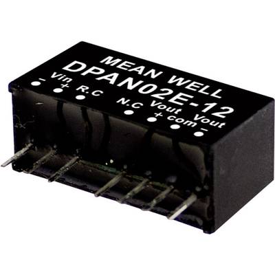 Čierny elektronický komponent s potlačou 'MEAN WELL DPAN02E-12'. Zobrazuje piny na upevnenie a elektrické pripojenia.