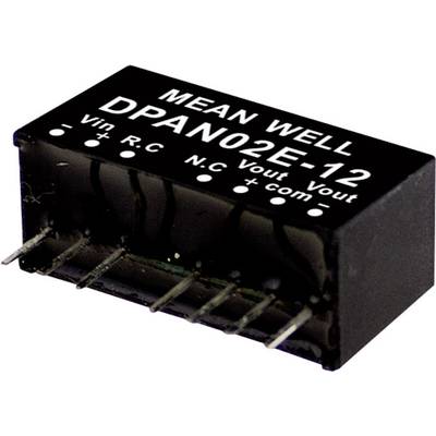 Čierna elektronická súčiastka s nápisom 'MEAN WELL DPAN02E-12', zobrazujúca rôzne konektory a ich označenia.