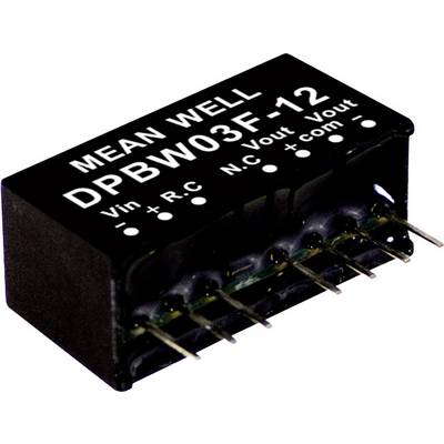 Elektronická súčiastka s nápisom 'MEAN WELL DPBW03F-12', ktorá má niekoľko kovových kolíkov na pripojenie.