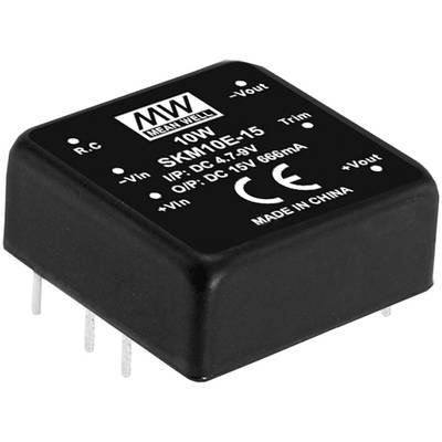 Čierny elektronický menič napätia od Mean Well, model SKM10E-15, 10W, vstup: DC 4,5-9V, výstup: DC 15V, 666mA.