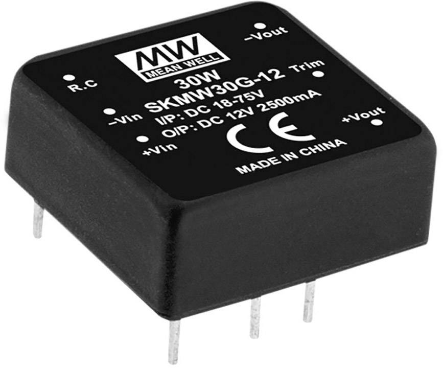 Schwarzer DC/DC-menič od Mean Well, model SKMW30G-12, 30W výkon, vstupné napätie 18-75V, výstup 12V, 2500mA.