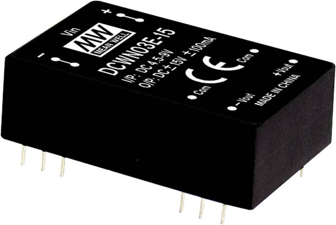 Obdĺžnikový elektrický menič so siedmimi kolíkmi s nápisom 'Mean Well' a 'DCM30E-15, Vstup: DC 4,5-9V, Výstup: DC 15V, 1000mA'.