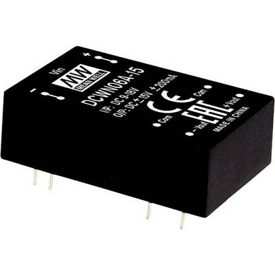 Čierne elektronické modul s nápisom 'MEAN WELL DCW10A-15' na konverziu napätia. Rozsah vstupného napätia: 9-18V, výstup: 15V, 200mA. Certifikované CE a RoHS, vyrobené v Číne.