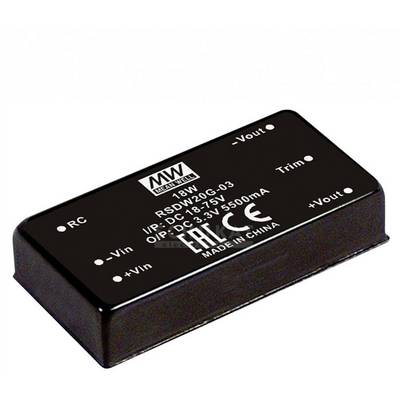 Čierna elektronická súčiastka s nápisom: 'RSDW20G-03, Vstup: DC 9-36V, Výstup: DC 3.3V 5500mA, 18W, CE certifikácia'.