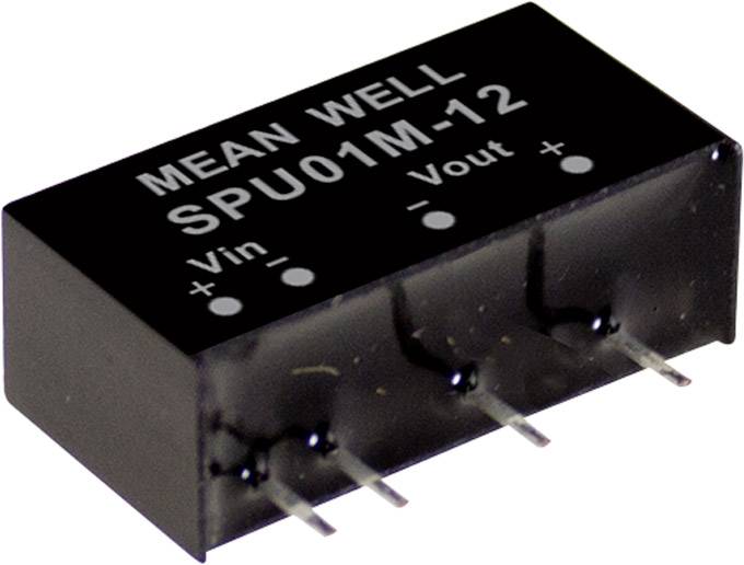 'MEAN WELL' SPU01M-12 stabilizátor napätia: Obdĺžnikové, čierne púzdro so štyrmi pinmi dole. Vin, Vout a polarita sú označené.