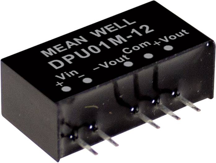 Elektronická súčiastka: Čierny napäťový regulátor 'MEAN WELL DPU01M-12' so zobraziteľnými prípojkami pre Vin, Vout a Com.