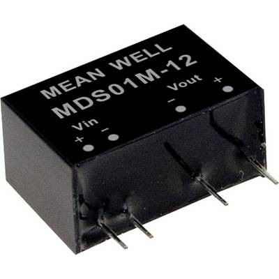 Čierny elektronický box súčiastok s nápisom 'MEAN WELL MDS01M-12', s tromi výstupnými kontaktnými kolíkmi viditeľne označenými: 'Vin' a 'Vout'.