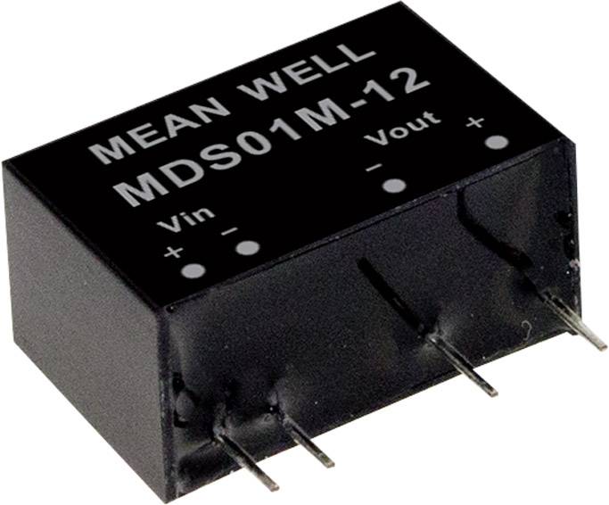 'MEAN WELL MDS01M-12' menič napätia, zobrazuje Vin-, Vout- a Pin- konektory, čierny s bielym označením.