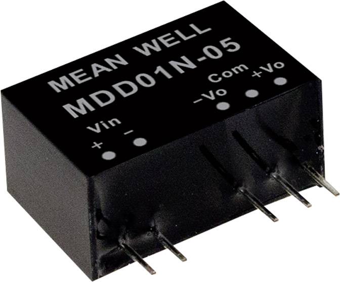 Malý, čierny, kvádrový elektronický modul so štyrmi pinmi s označením 'MEAN WELL' a 'MDD01N-05'.