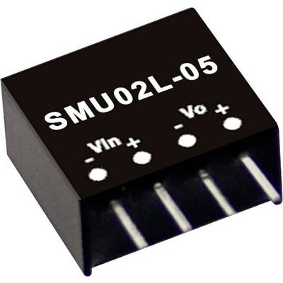 Čierny elektronický komponent s nápisom 'SMU02L-05', zobrazuje pripojenia 'Vin+', 'Vin-', 'V0+', 'V0-' na prednej strane.