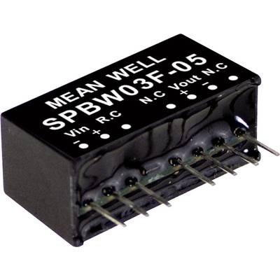 SPBW03F-05 od MEAN WELL, 3-wattový DC-DC menič. Čierne puzdro s kolíkmi na montáž na dosku plošných spojov. Označený Vin, Vout a N.C.