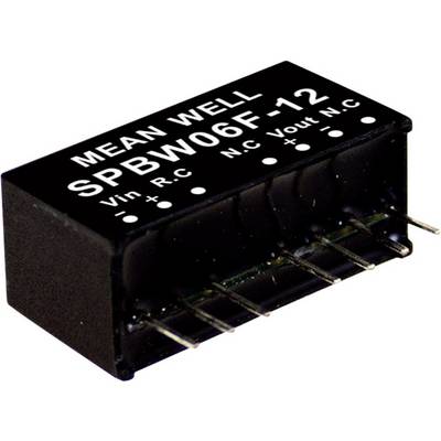Čierny elektronický komponent s nápisom 'MEAN WELL SPBW06F-12', ktorý na spodnej strane zobrazuje piny pre Vin, Vout a N.C.