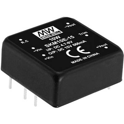 Čierny DC-DC menič od "Mean Well", model SKM10E-15. Hore sú vytlačené vstupné a výstupné napätia: 12V a 15V.