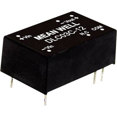'MEAN WELL DLC03C-12' menič napätia s popiskami: '+Vout-', '+Vin-', '-Vin-', 'COM', 'NC'. Čierne puzdro s kovovými kolíkmi.