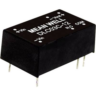 Elektronický spínač súčiastok, čierny, s nápisom 'MEAN WELL DLC03C-12'. Obdĺžnikový tvar, viacero pripájacích kolíkov na spodnej strane.