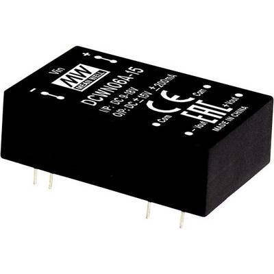 Čierny elektronický jednosmerný menič so štítkom 'Vin 9-18V', 'Vout 15V ±200mA', vhodný pre elektronické aplikácie.