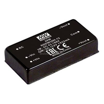 'Mean Well DC/DC menič s modelovým číslom RDD20H-12, vstup 9-36V, výstup 12V, max. prúd 1,67A. Certifikovaný CE, vyrobené v Číne.'