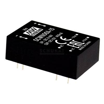 Čierna elektronická súčiastka s nápisom 'MW MEAN WELL', označená ako SCWN06A-15. Znázorňuje kladné a záporné póly.
