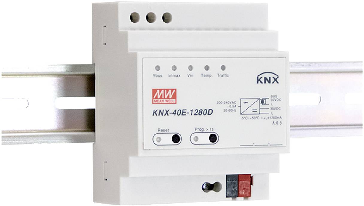 Napájacia hardvéra pre KNX systém, namontovaná na DIN lište. Zobrazuje stavové indikátory a prípojky pre elektrické pripojenia.