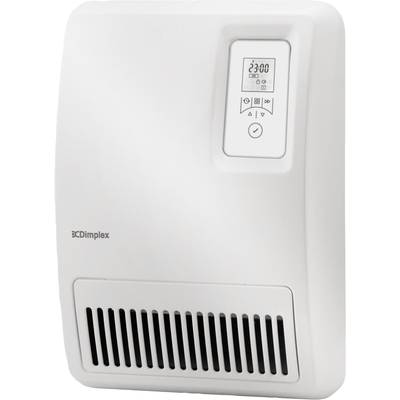 Biely elektrický teplovzdušný ventilátor s digitálnym displejom ukazuje 25°C. Mriežka ventilátora je umiestnená dole. Je viditeľný firemný názov 'Dimplex'.