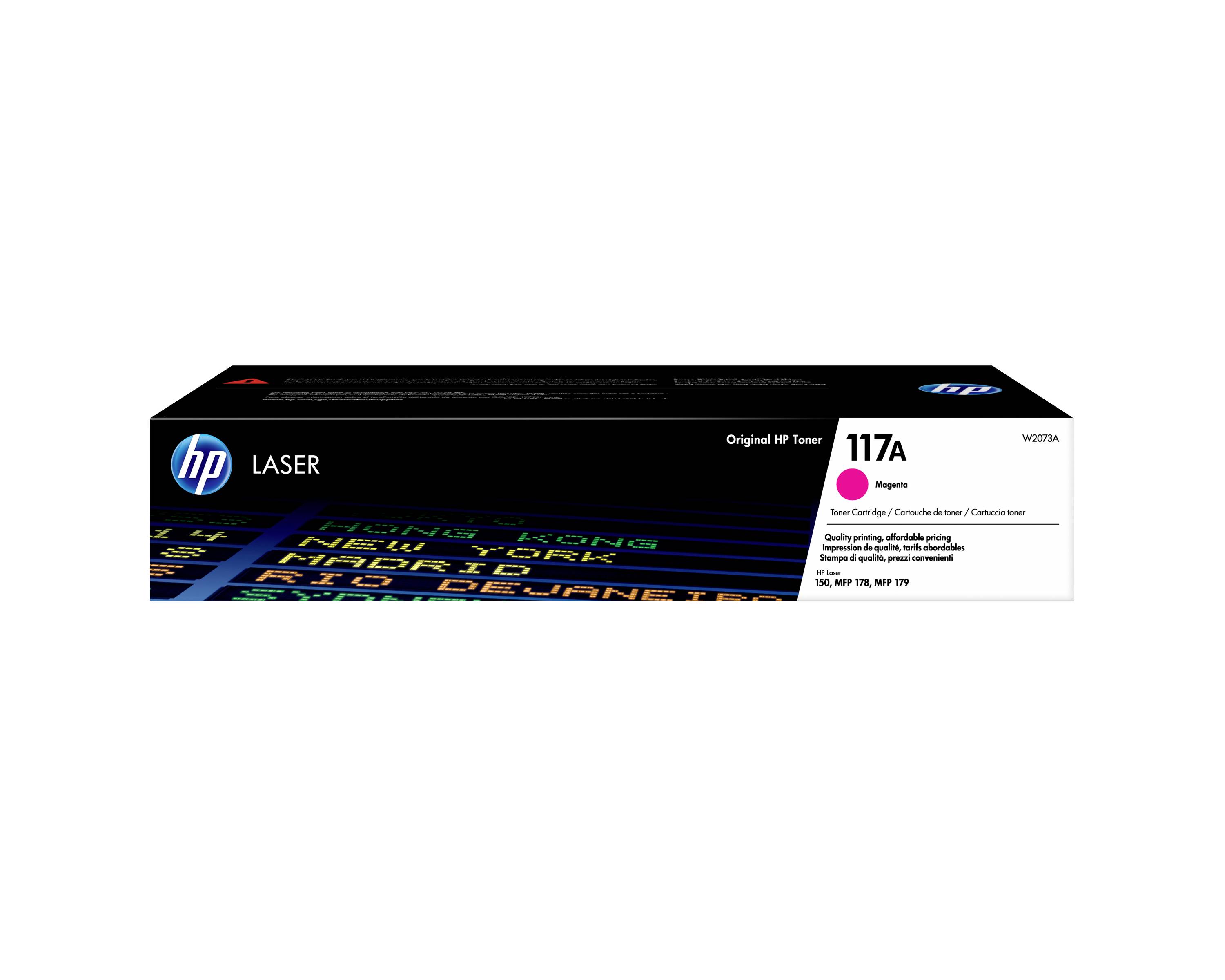 HP Laser Originálna HP tonerová kazeta, model 117A, purpurová, so zoznamom kompatibilných modelov tlačiární uvedeným na štítku.
