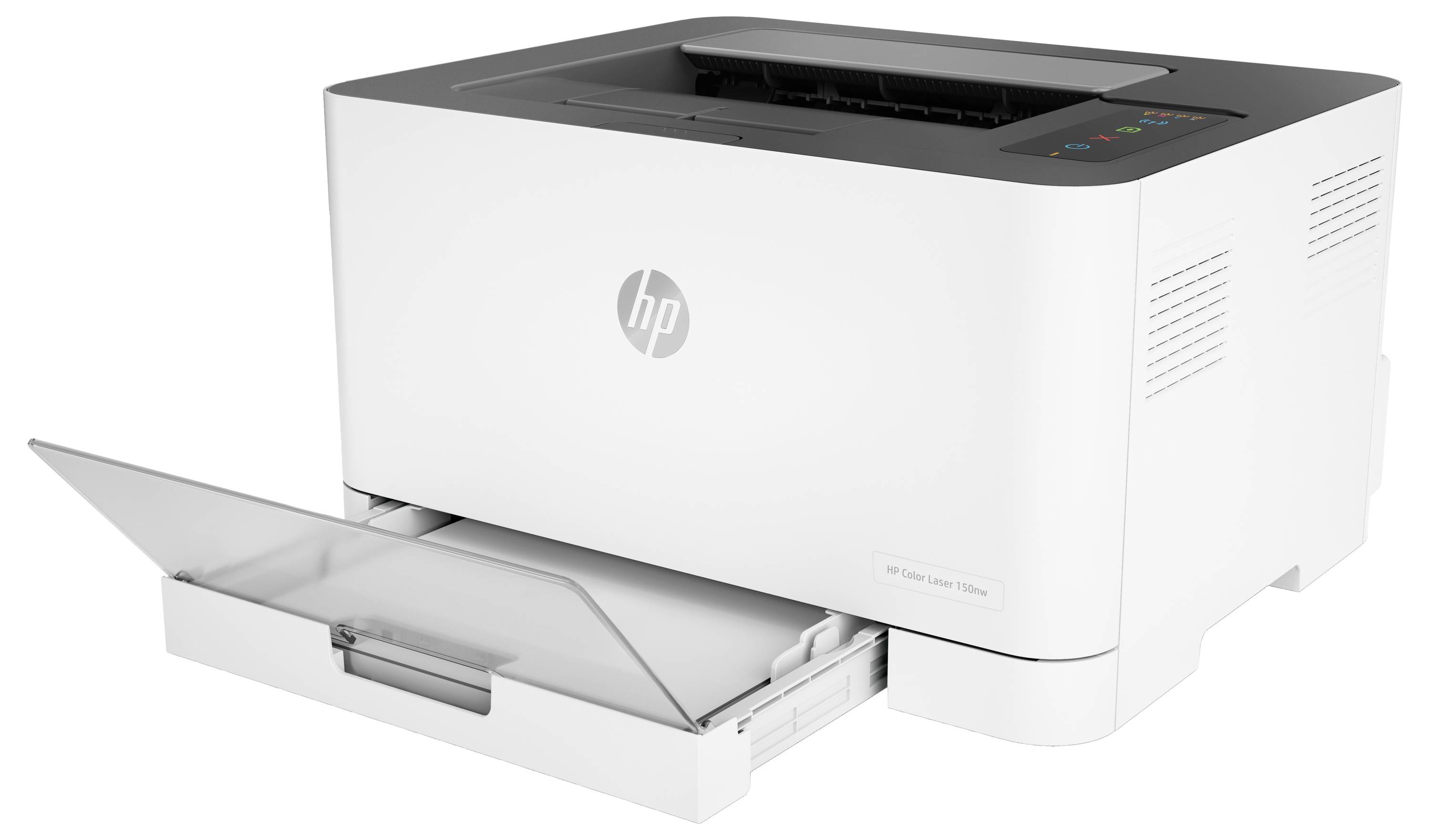 Biela HP laserová tlačiareň s otvoreným predným podajom papiera a vysunutou výstupnou zásobníkom.